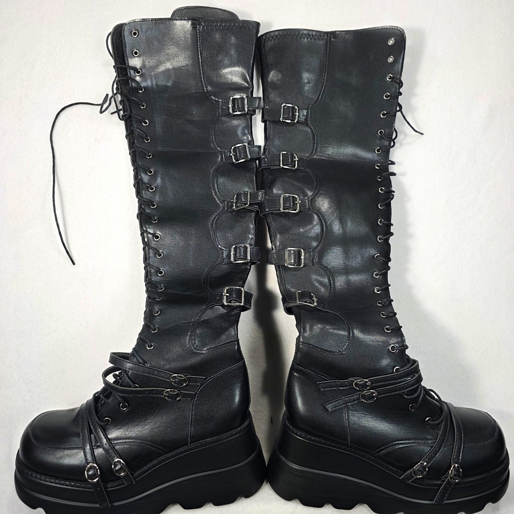 Women's Sz 9 Black Over the Knee High Lace Up Platform Boots Round Toe Goth Punk